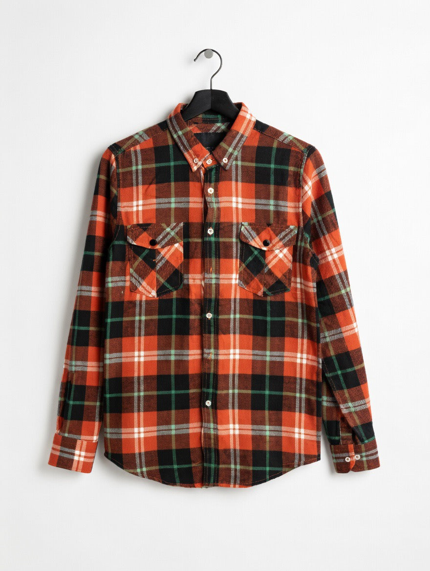 Premium Orange Green Black Plaid Flannel Shirt