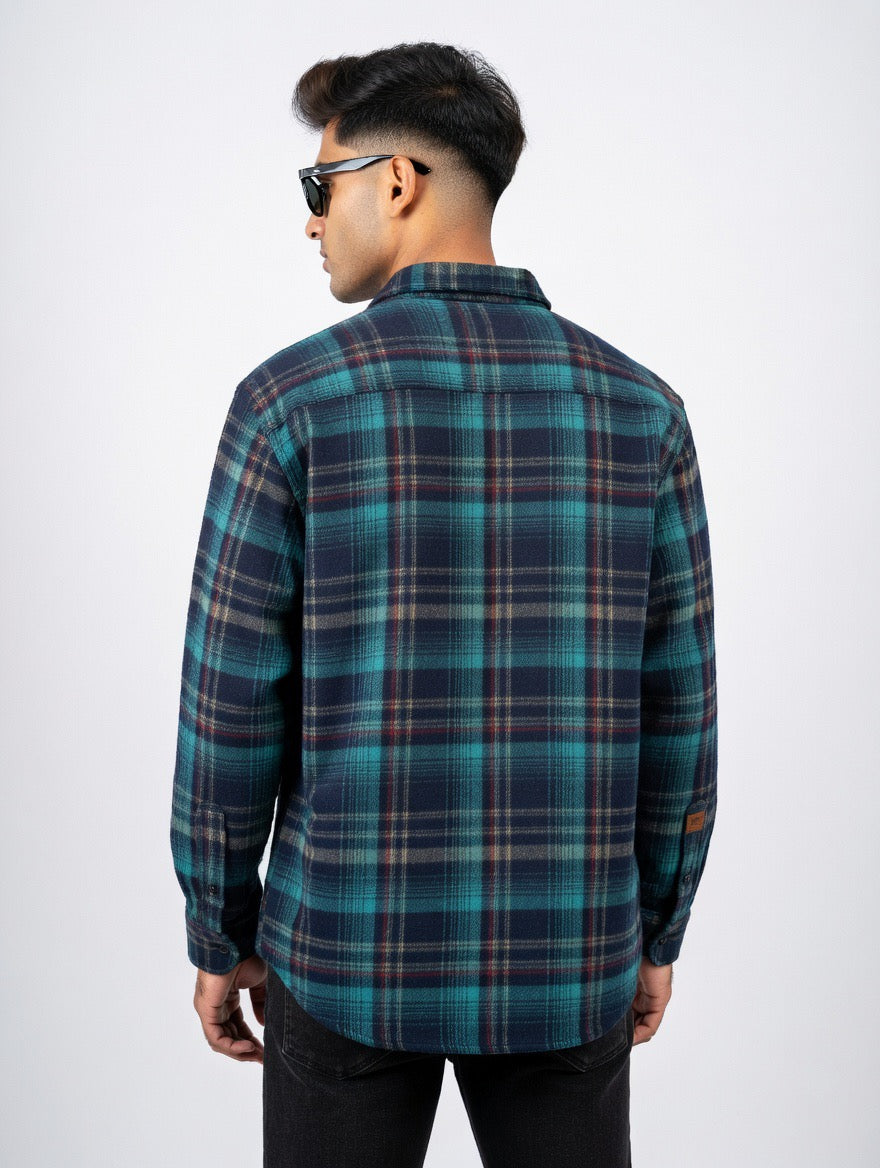 Men’s Teal Plaid Flannel Shirt | Premium Oversized Long Sleeve Button-Down Shirt