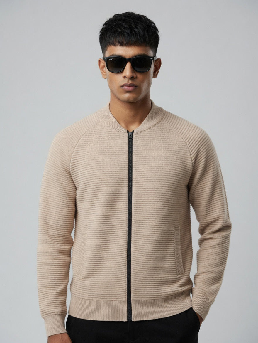 Ribbed Zip-Up Bomber Sweater