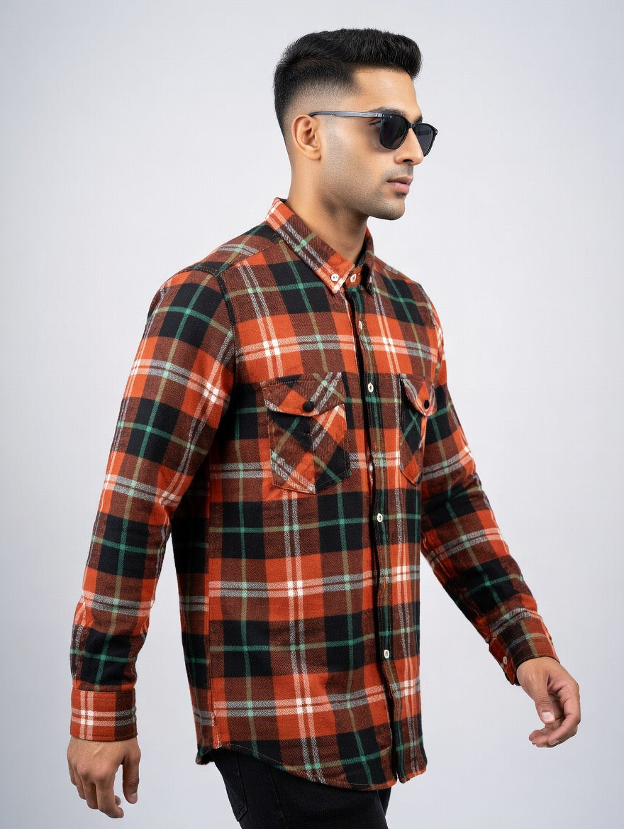 Premium Orange Green Black Plaid Flannel Shirt