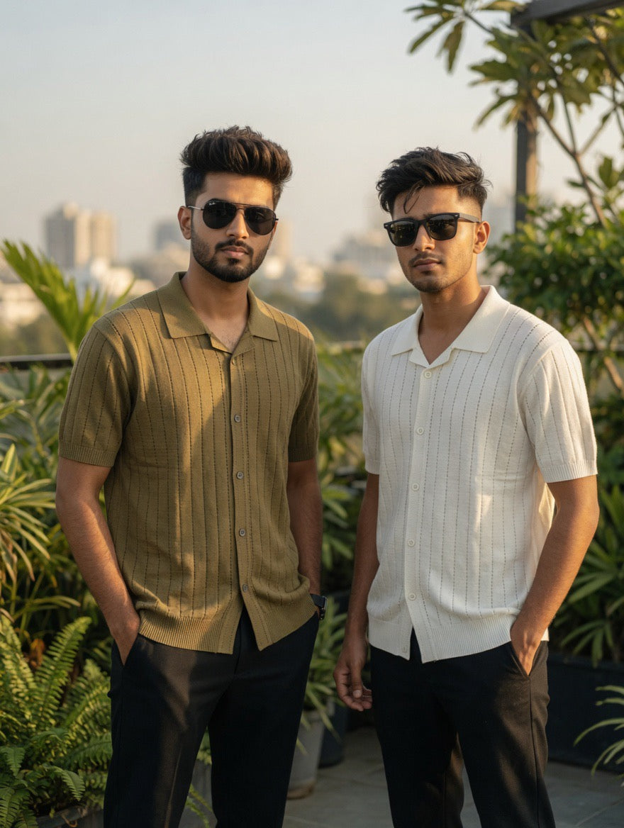 Short-Sleeve Ribbed Button-Up Shirt