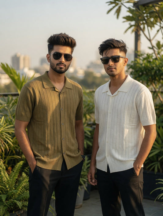 Short-Sleeve Ribbed Button-Up Shirt