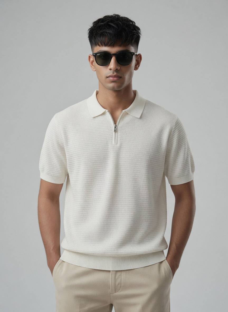 Ribbed Zip-Up Polo Shirt