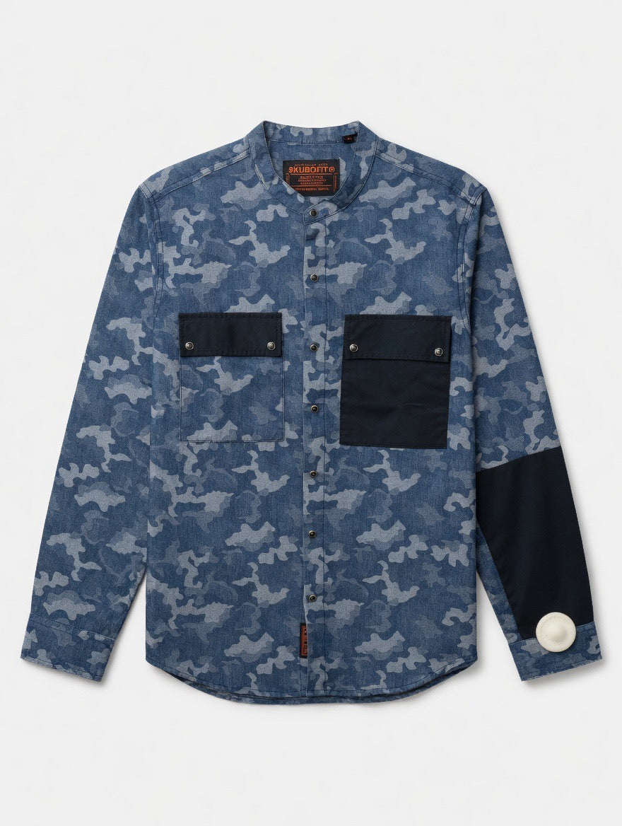 Blue Camouflage Chinese Collar Shirt