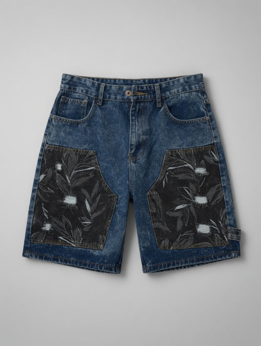 Floral Patch Denim Shorts — Blue Wash