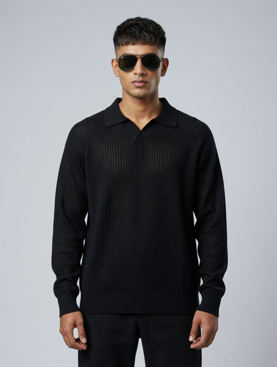 Open-Knit Polo Sweater