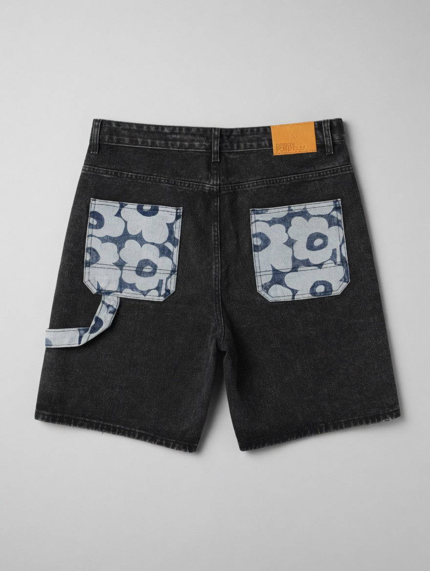 Floral Patch Denim Shorts — Black