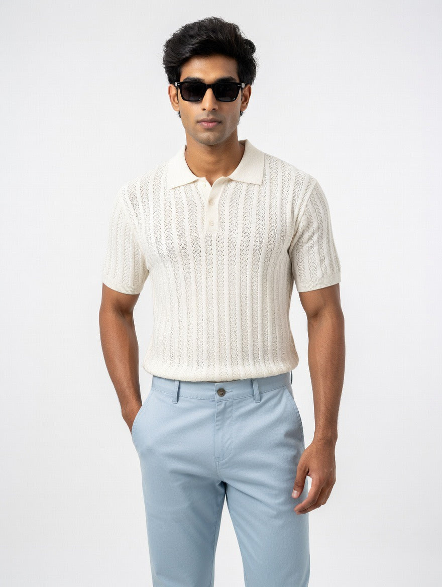 Open-Knit Cable Polo Shirt