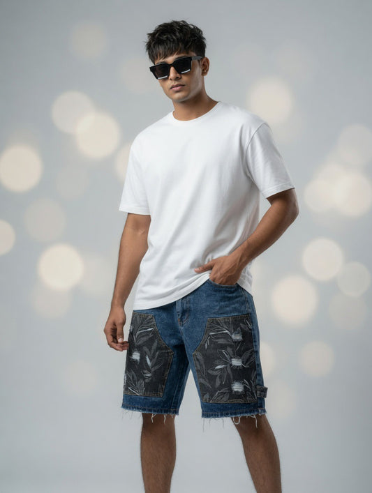 Floral Patch Denim Shorts — Blue Wash