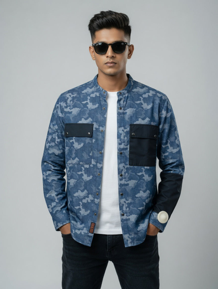 Blue Camouflage Chinese Collar Shirt