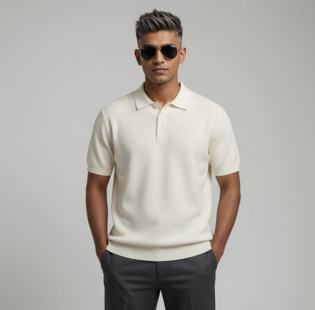 Ribbed Polo Shirt with White Contrast Trim