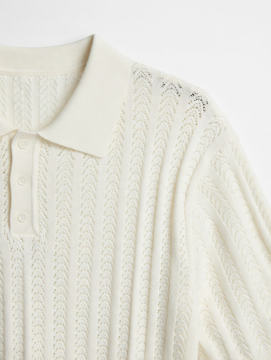 Open-Knit Cable Polo Shirt