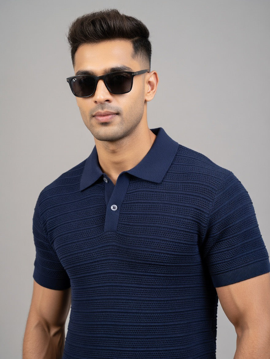 Textured Stripe Knit Polo Shirt |  Premium Knitwear