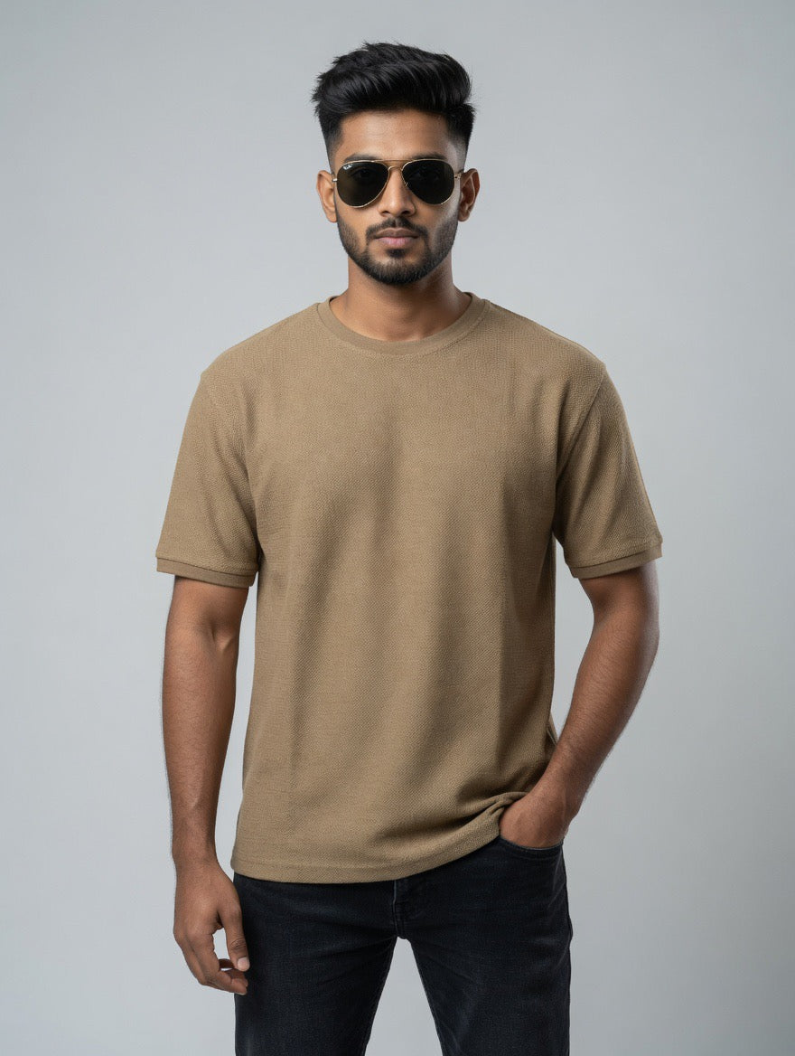 Knitted Honeycomb Round Neck T-Shirt