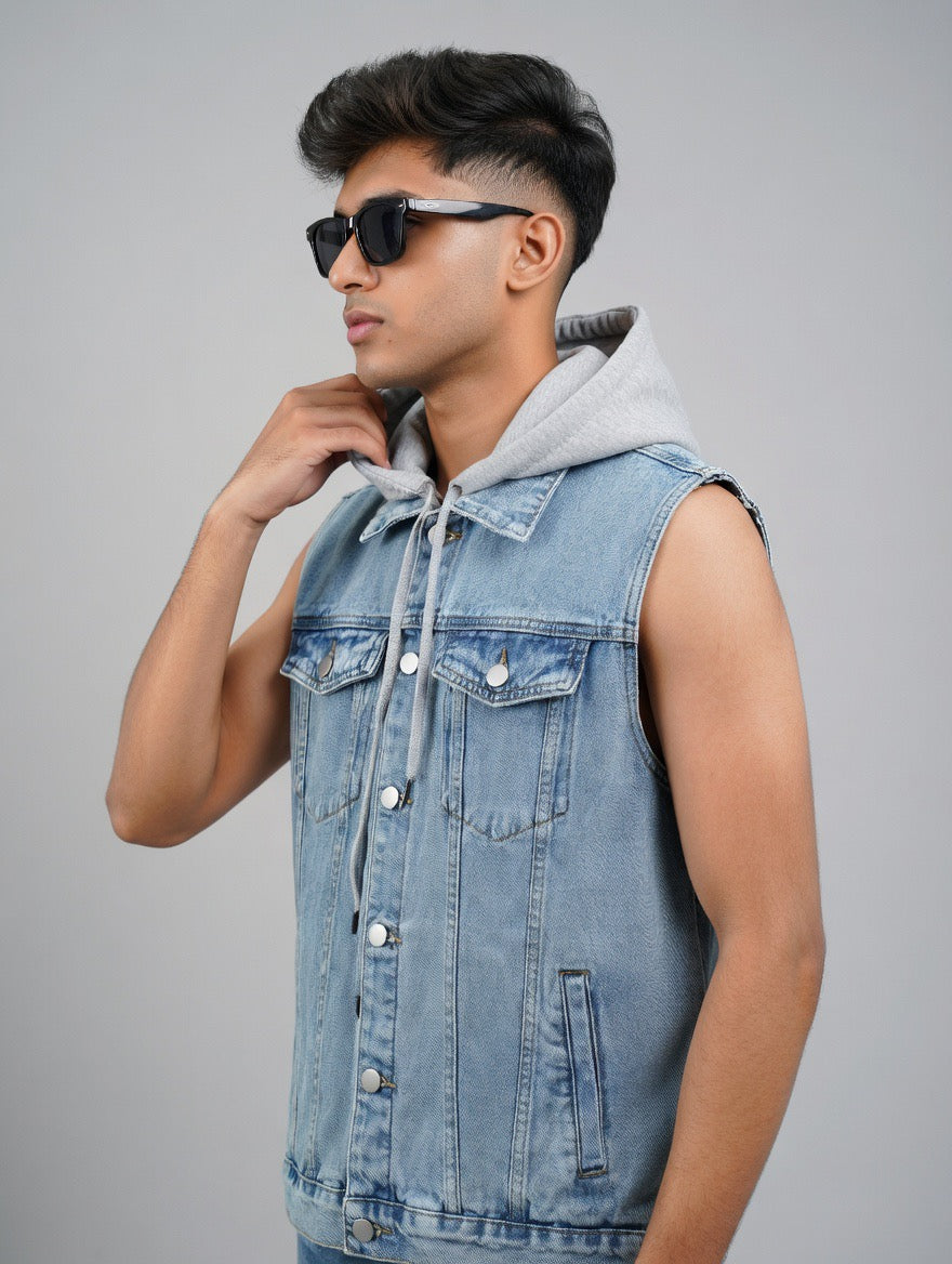Light Wash Denim Hoodie Vest (removeable hoody)