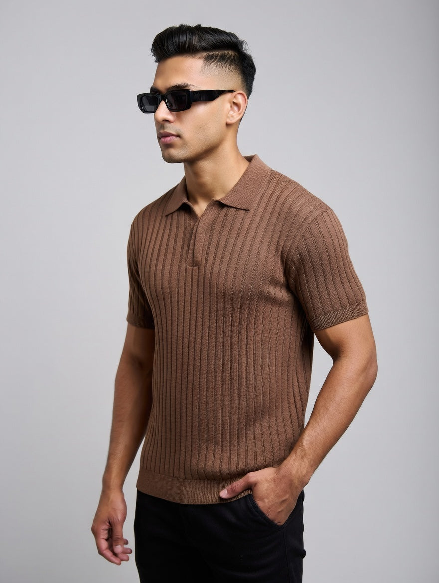 Ribbed Knit Polo Shirt
