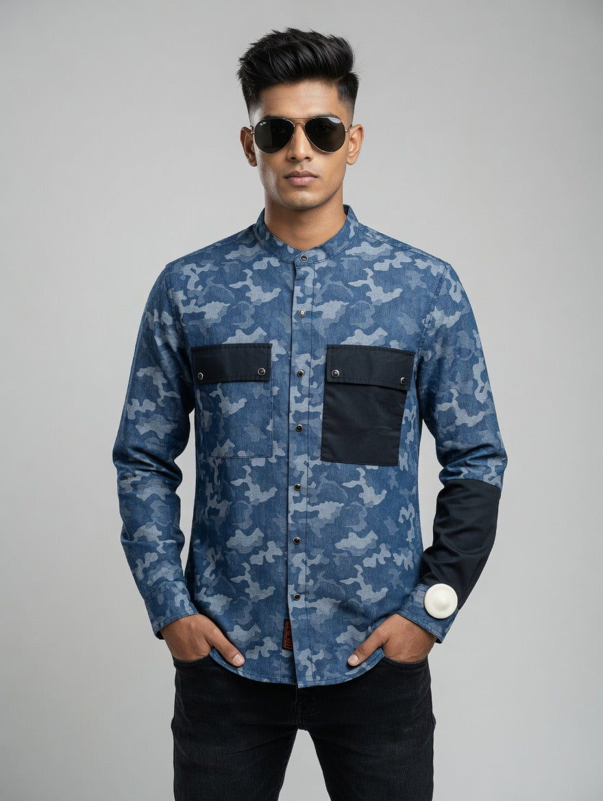 Blue Camouflage Chinese Collar Shirt