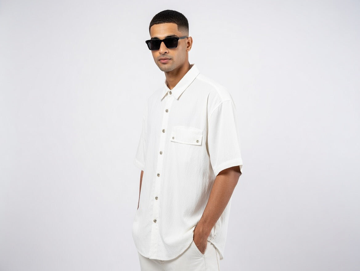 Black Oversized Short Sleeve Button-Down Shirt