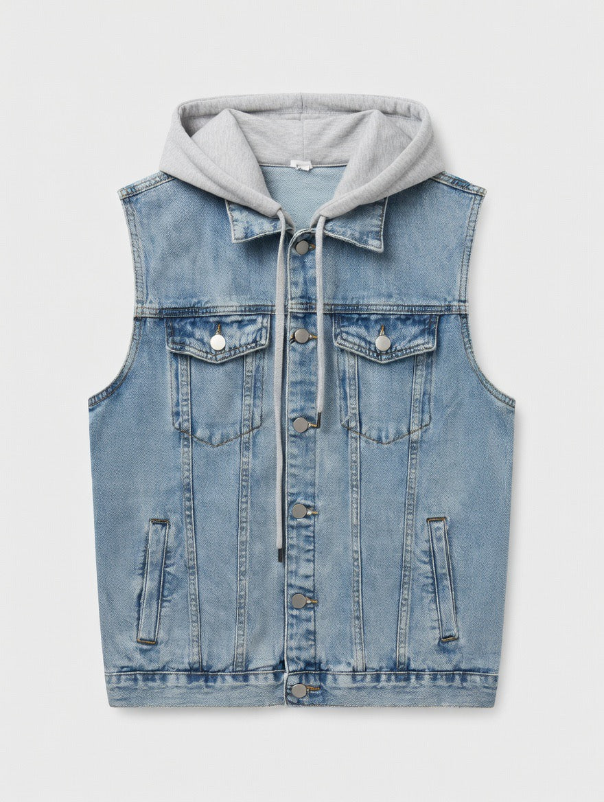 Light Wash Denim Hoodie Vest (removeable hoody)