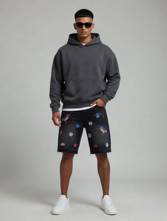 Embroidered Ripped Denim Shorts — Black