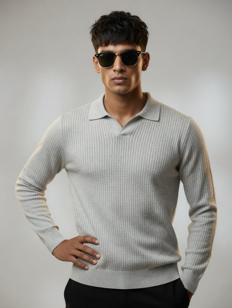 Open-Knit Polo Sweater