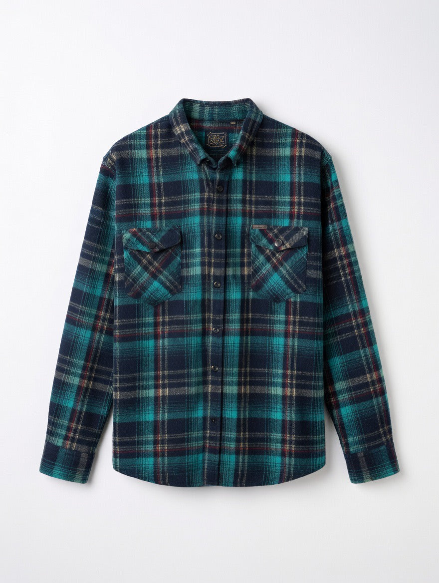 Men’s Teal Plaid Flannel Shirt | Premium Oversized Long Sleeve Button-Down Shirt