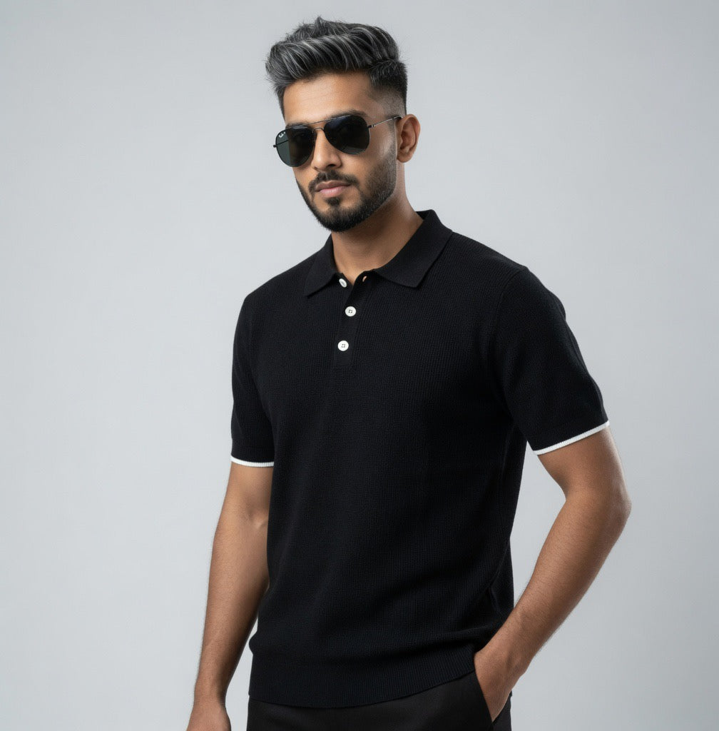 Ribbed Polo Shirt with White Contrast Trim