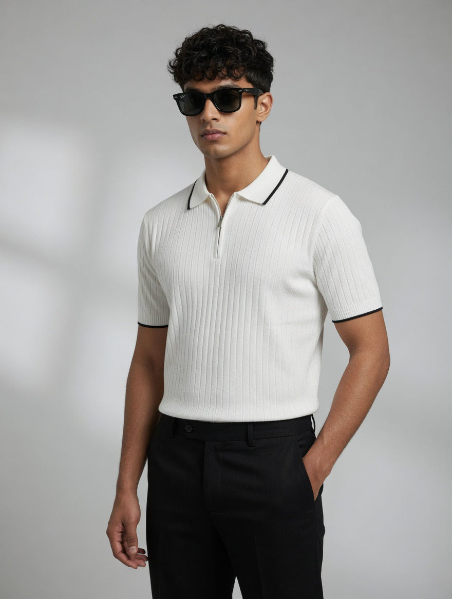 Ribbed Zip Polo Shirt