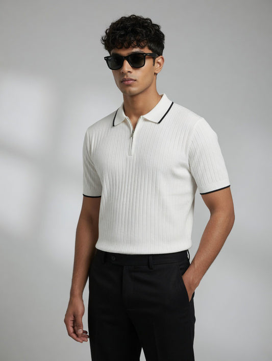 Ribbed Zip Polo Shirt