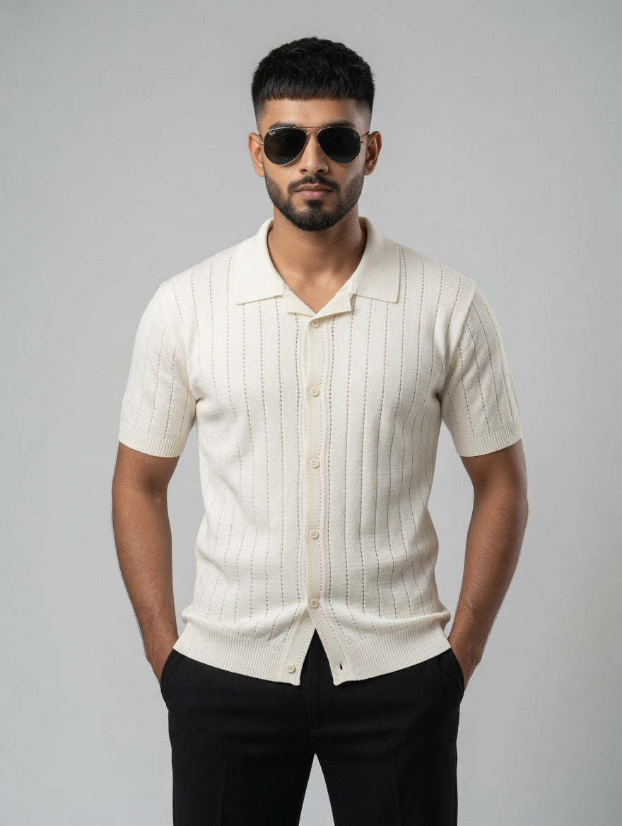 Short-Sleeve Ribbed Button-Up Shirt