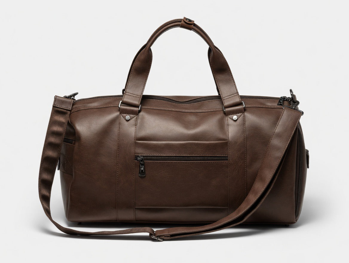 Vintage Faux Leather Duffel Bag – Premium Brown Weekender