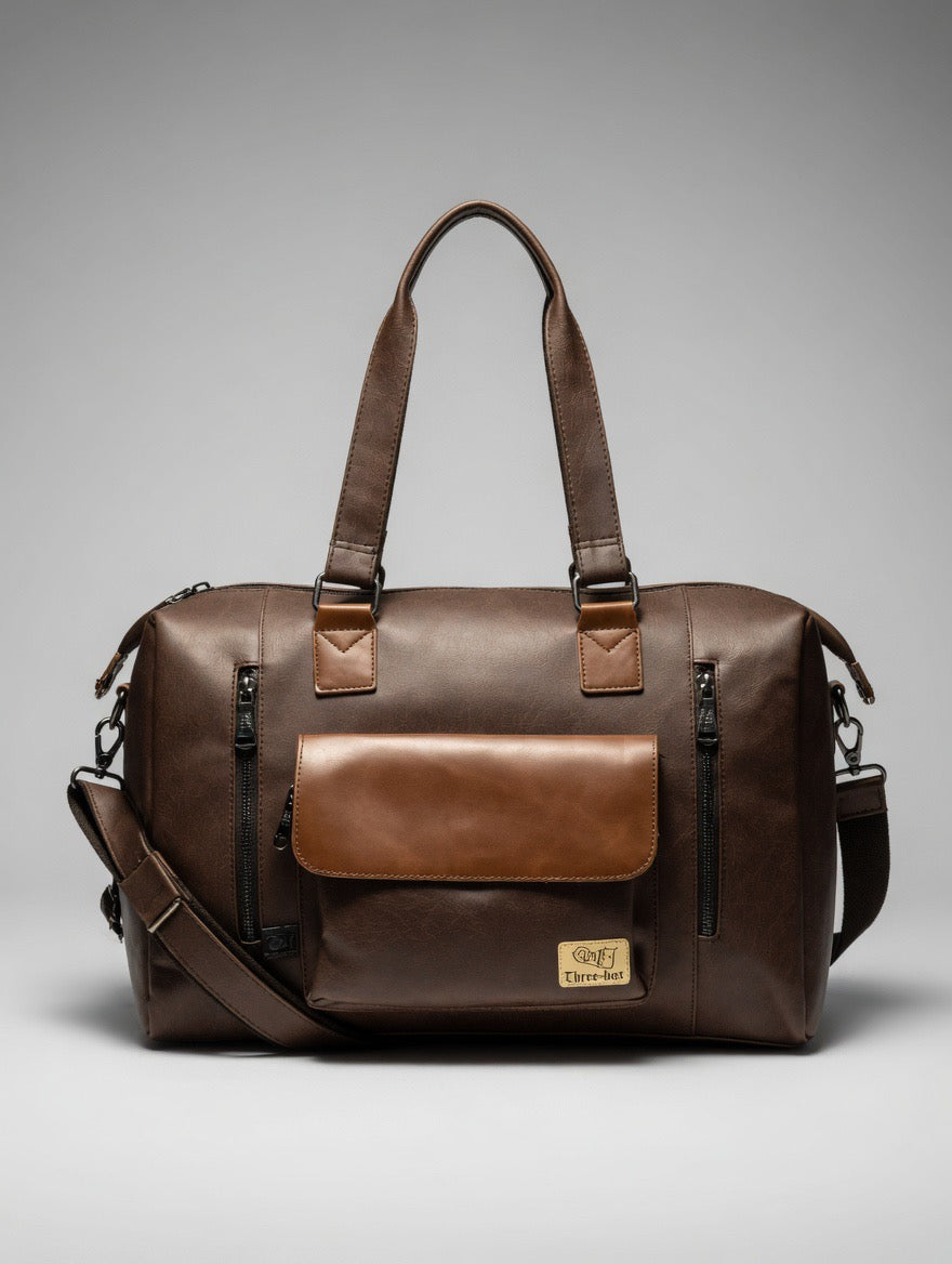 Premium Two-Tone Brown Faux Leather Duffel Bag