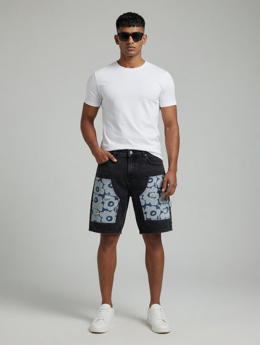 Floral Patch Denim Shorts — Black