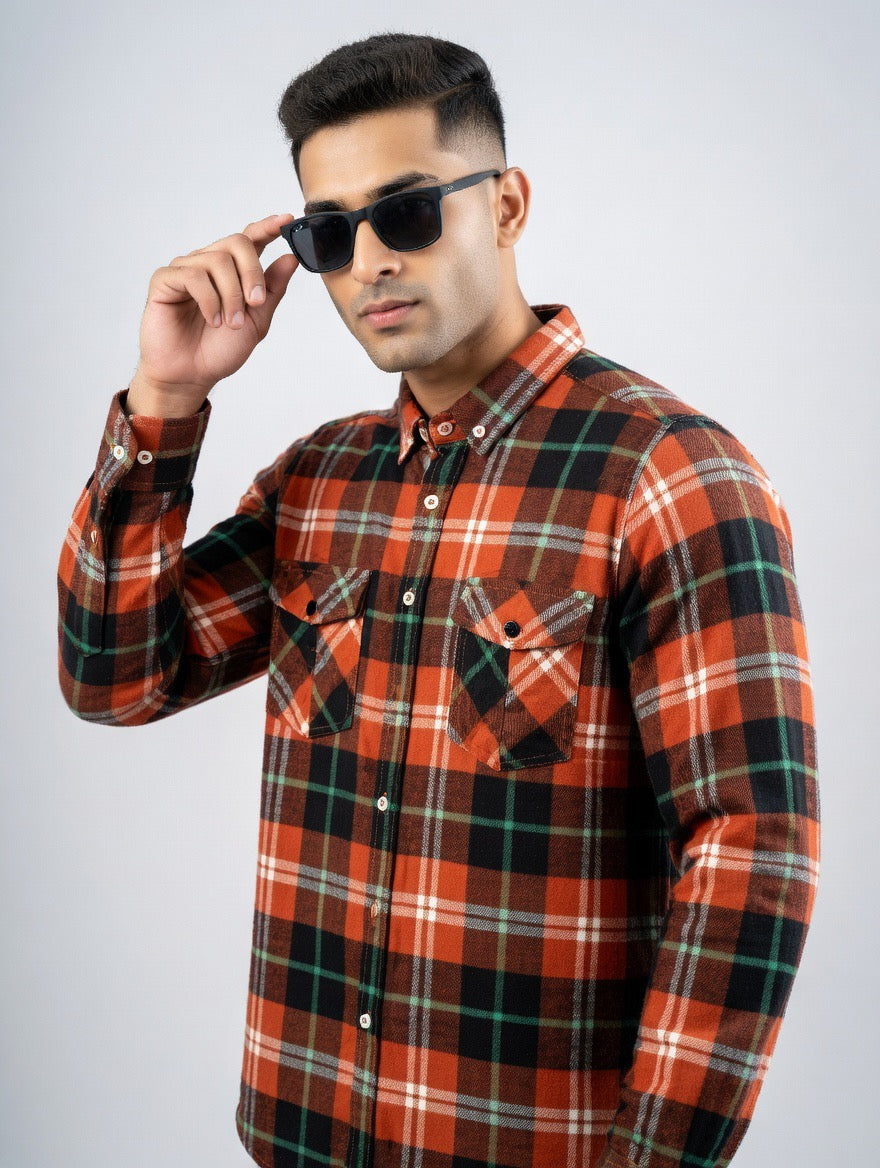 Premium Orange Green Black Plaid Flannel Shirt