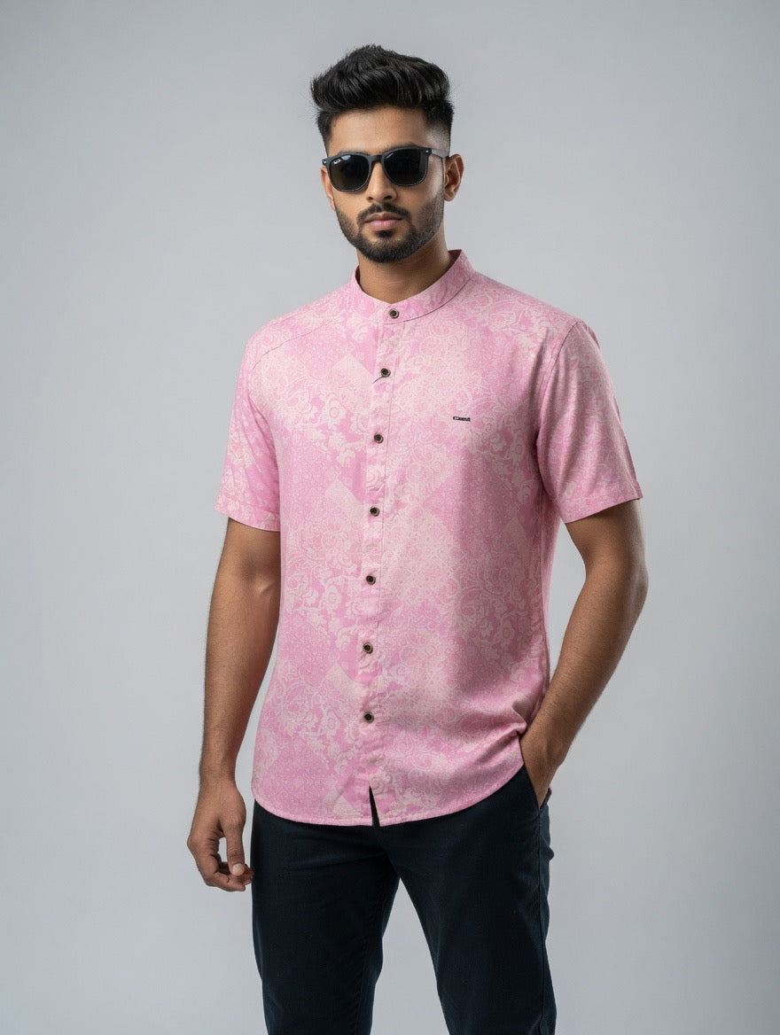 Pink Paisley Chinese Collar Shirt Linen