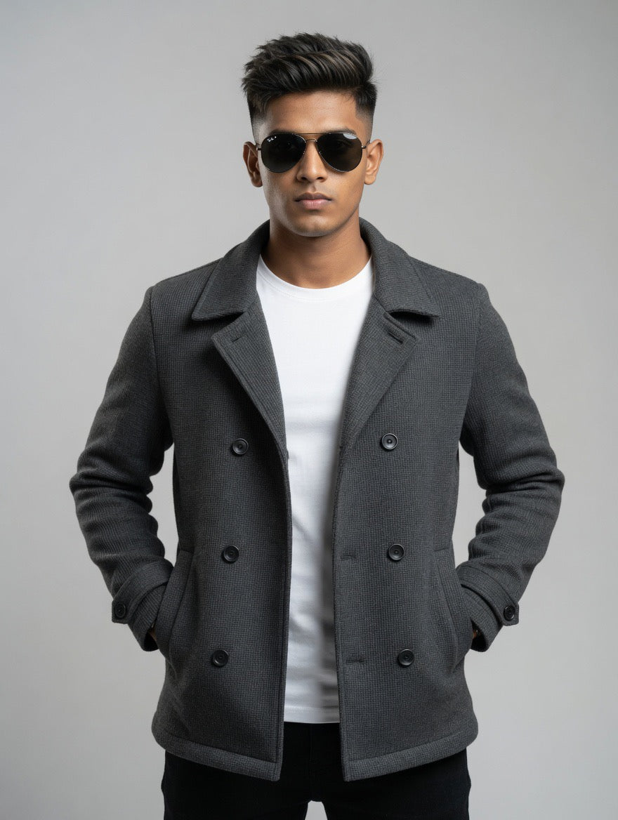 Gray Textured Double-Breasted Jacket