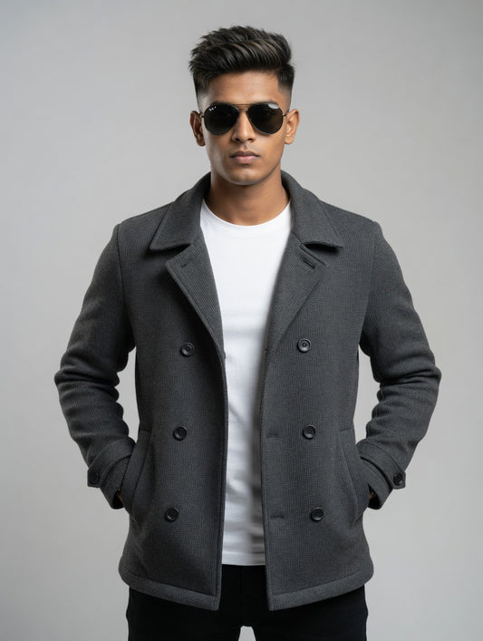 Gray Textured Double-Breasted Jacket