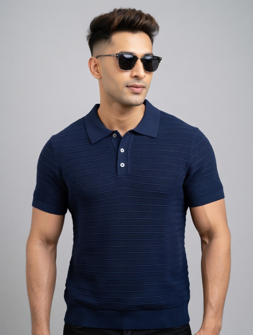 Textured Stripe Knit Polo Shirt |  Premium Knitwear