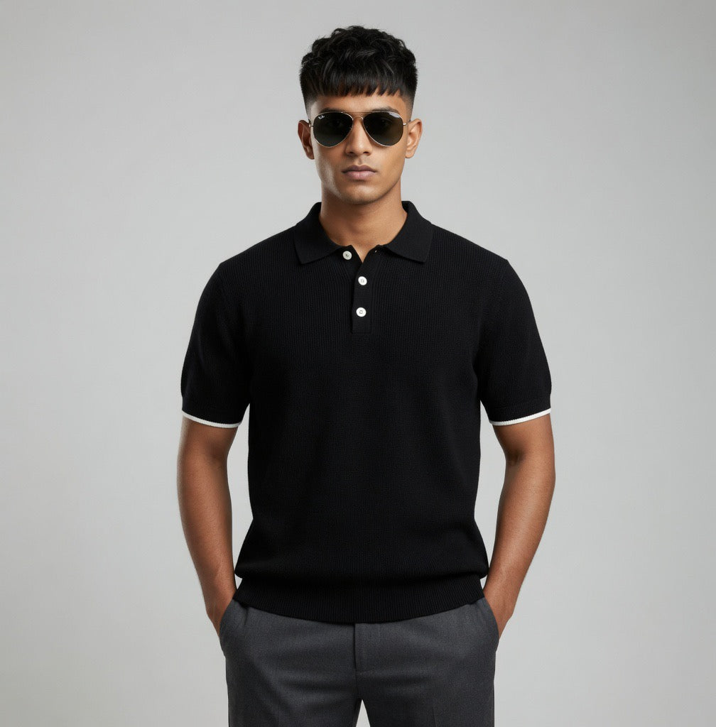 Ribbed Polo Shirt with White Contrast Trim