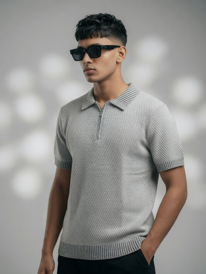 Waffle Zip Polo Knit Top