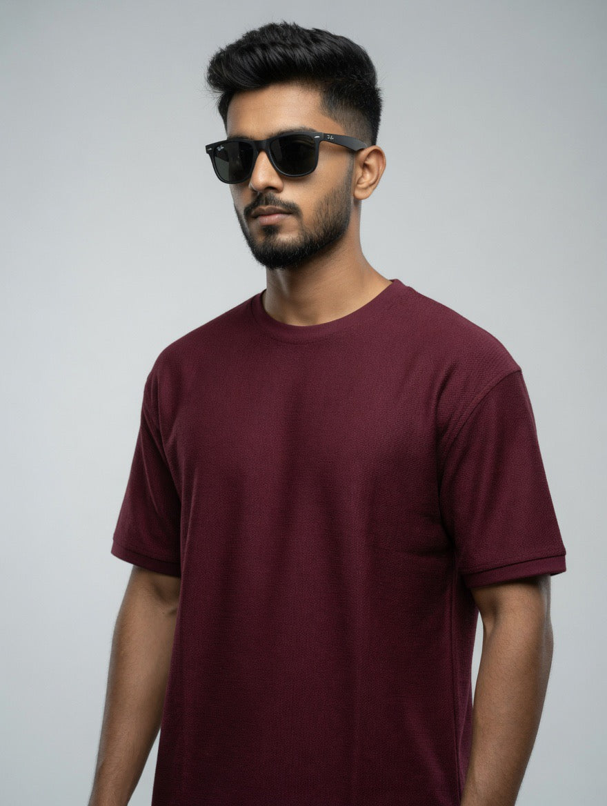 Knitted Honeycomb Round Neck T-Shirt