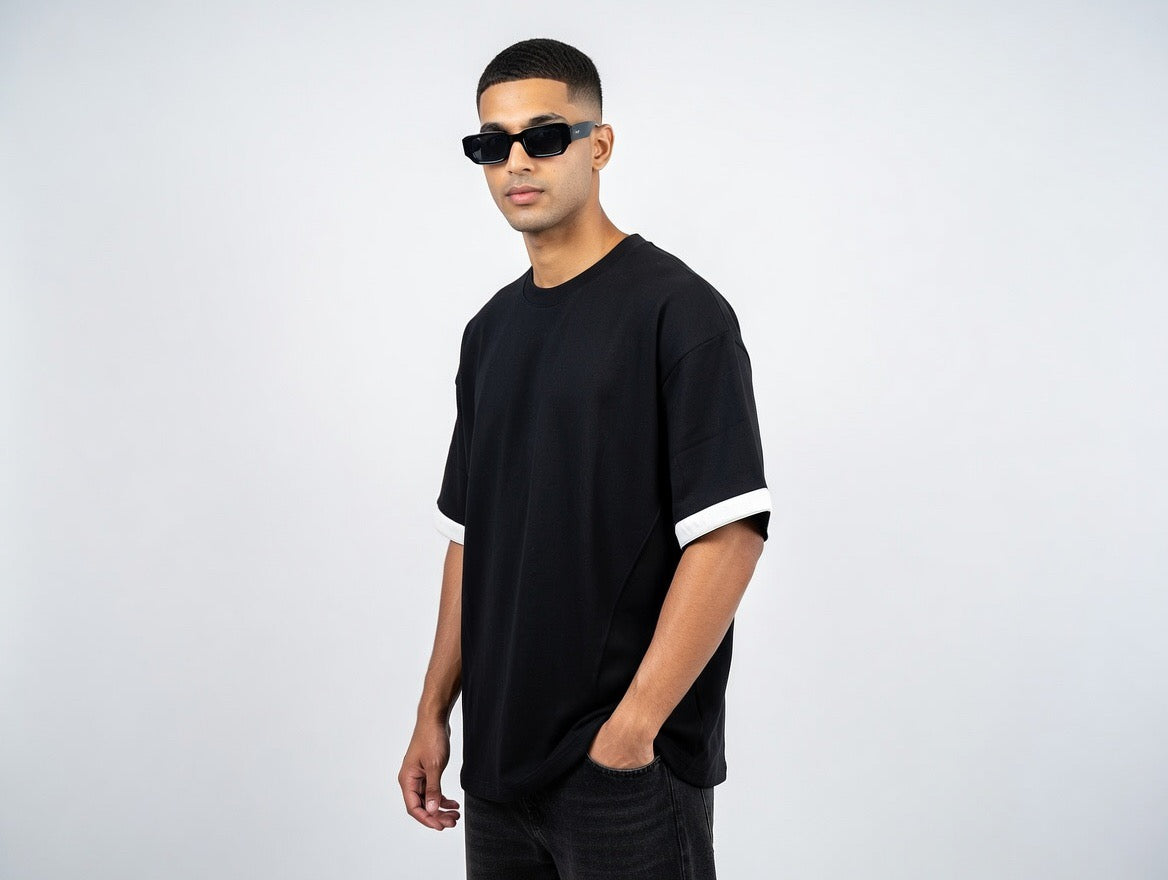 Oversized Contrast Cuff Crew Neck T-Shirt