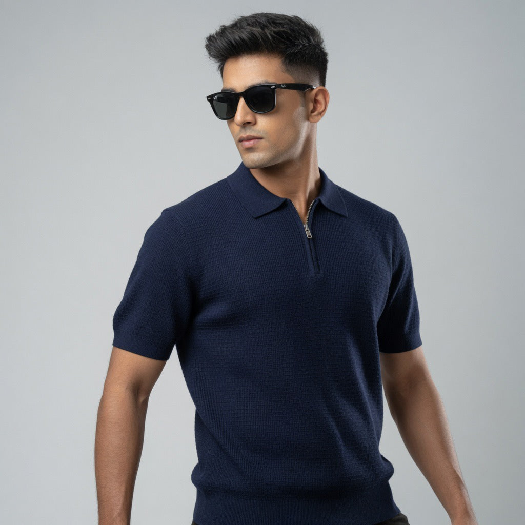 Ribbed Zip-Up Polo Shirt