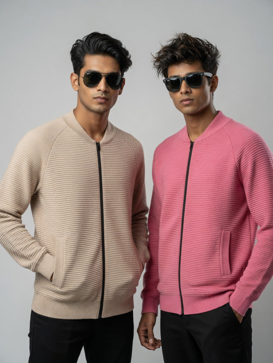 Ribbed Zip-Up Bomber Sweater