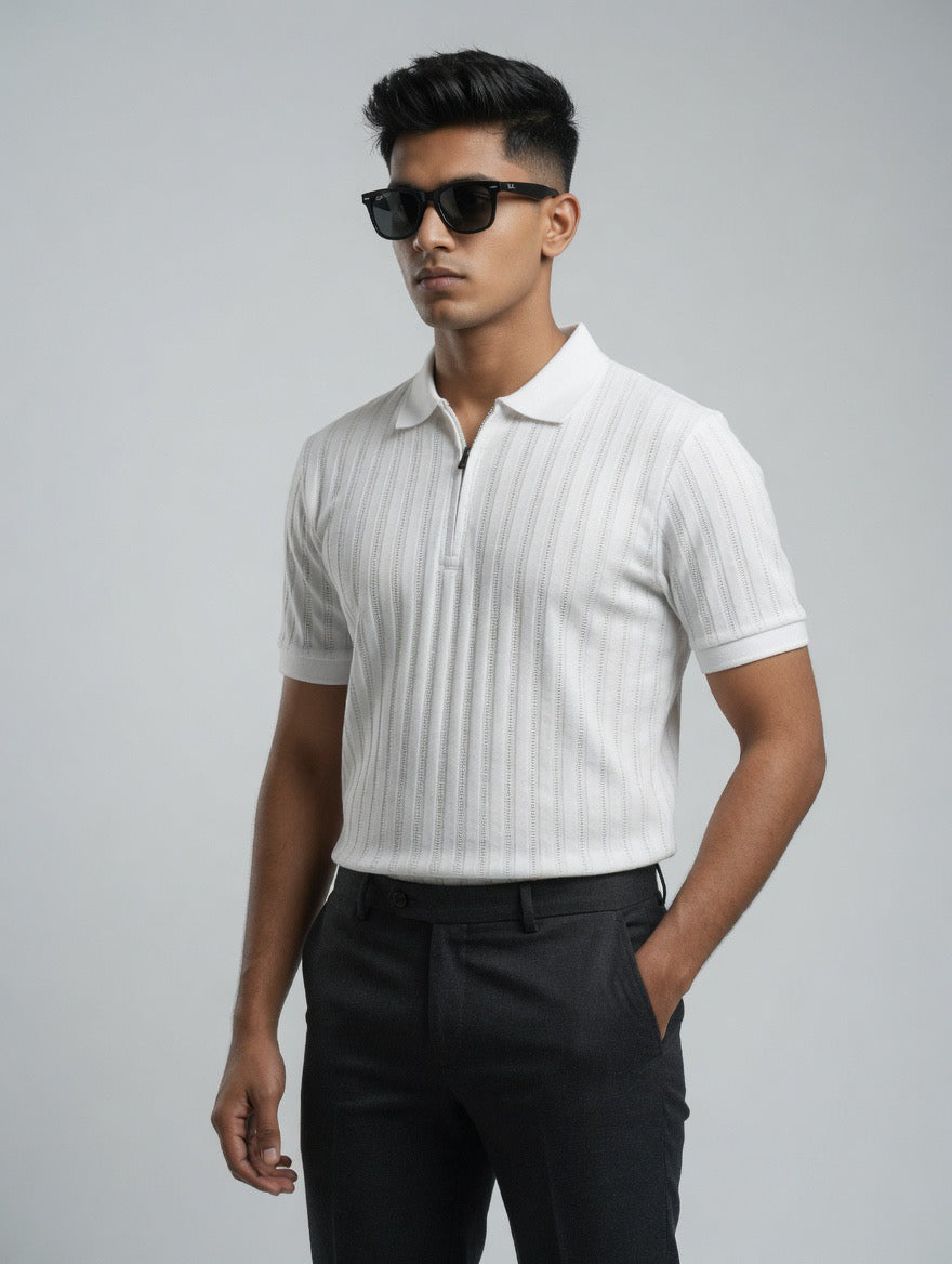 White Zip Rib Polo Shirt Cotton