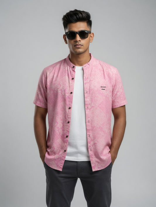 Pink Paisley Chinese Collar Shirt Linen