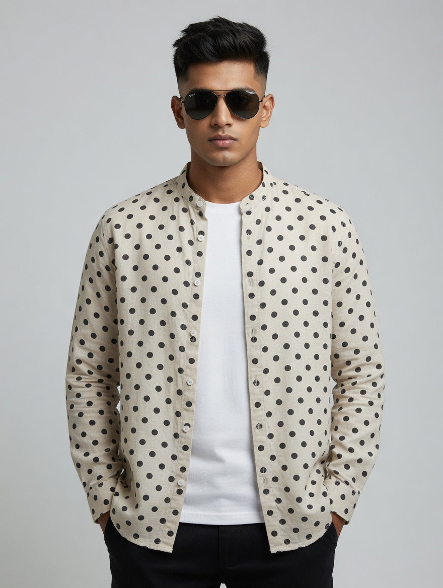 Beige Polka Dot Linen Shirt – Chinese Collar