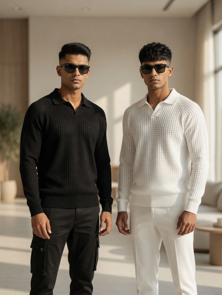 Open-Knit Polo Sweater