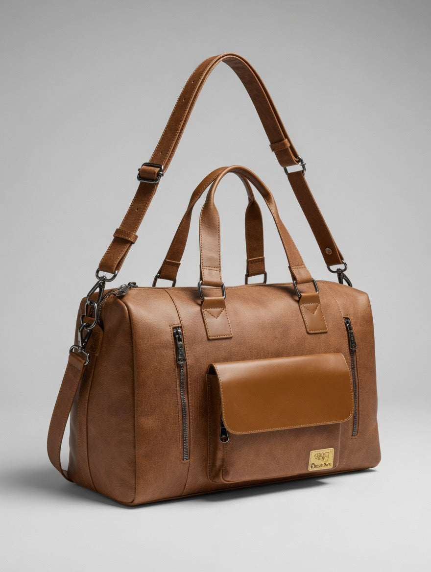 Premium Two-Tone Brown Faux Leather Duffel Bag
