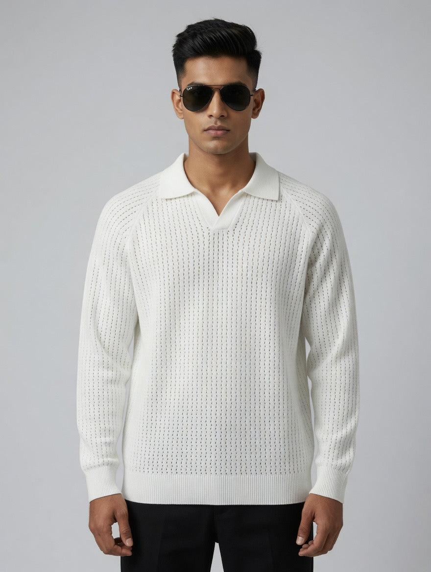 Open-Knit Polo Sweater